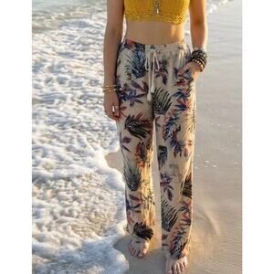 Wide Leg Linen Pants L Tropical Palm Print Palazzo Coastal Boho Smocked 70s